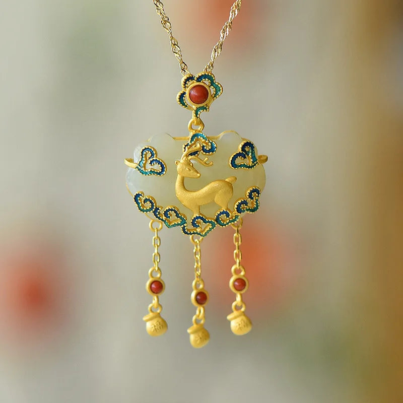 Ancient Style Gold-Plated Hetian Jade Deer Lock Pendant