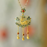 Ancient Style Gold-Plated Hetian Jade Deer Lock Pendant