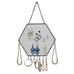 Hexagon Metal Grid Wall Shelf Earring Storage Rack Jewelry Holder