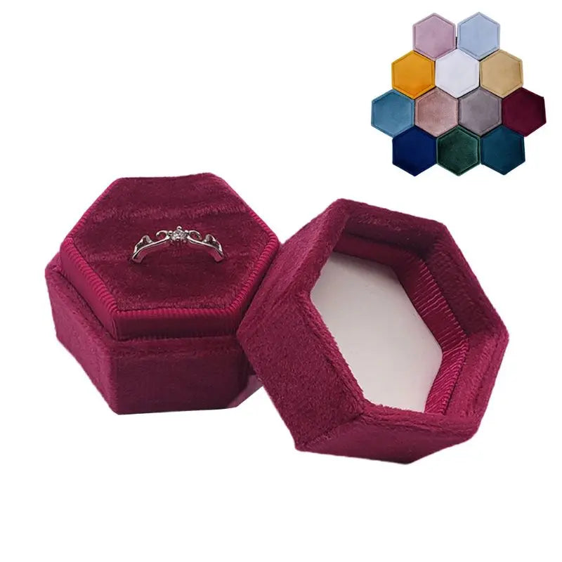 Vintage Velvet Ring Box - Double Ring Display Holder with Detachable Lid