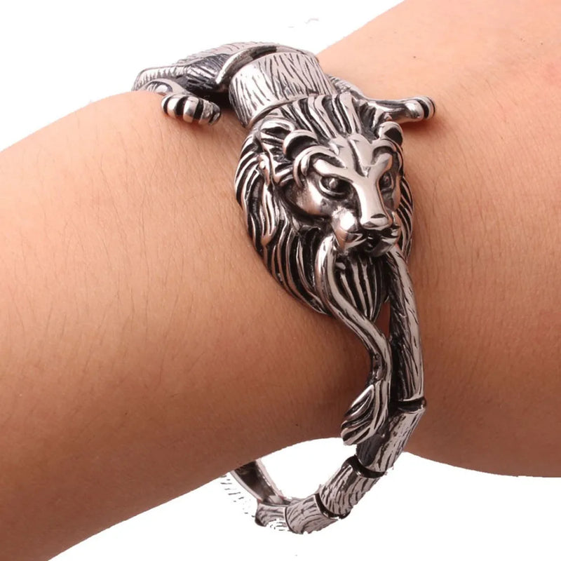 Men's Lion Skeleton Cuff Bangle Bracelet Stainless Steel Polished Silver 35mm
