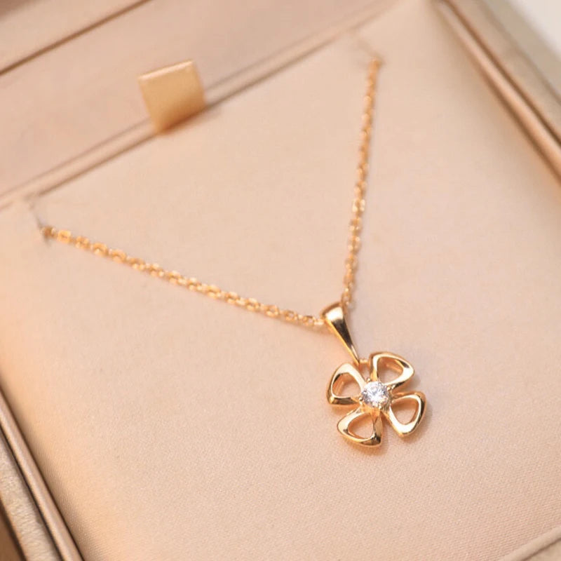 Titanium Steel Hollow Flower Pendant Necklace Women Snake Bone Chain Jewelry