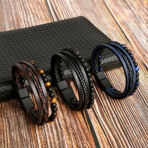 Classic Tiger Eye Beaded Leather Layer Bracelet for Men