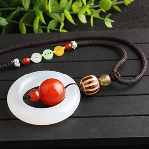Natural Chalcedony Peace Buckle Pendant Long Necklace