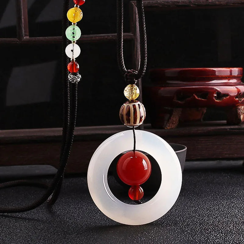 Natural Chalcedony Peace Buckle Pendant Long Necklace