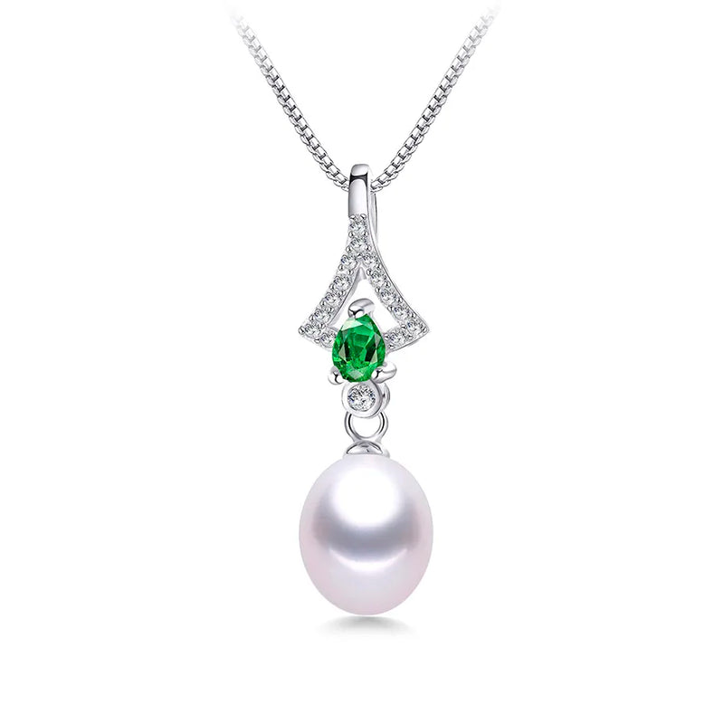 Natural Freshwater Pearl Pendant Green Zircon Necklace 925 Sterling Silver