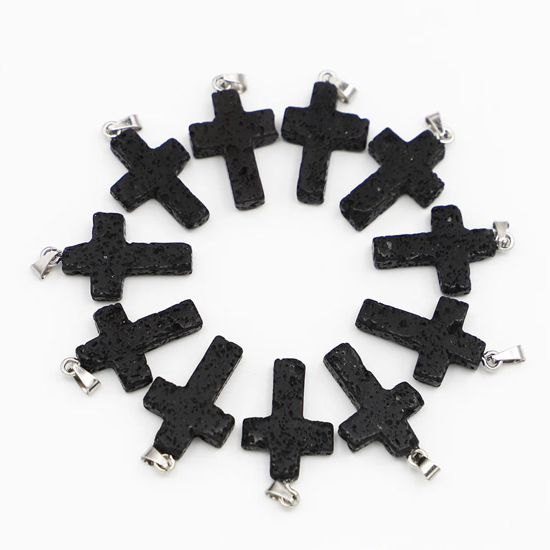 30pcs Volcanic Stone Cross Pendants Reiki Charms Men Women Jewelry Making