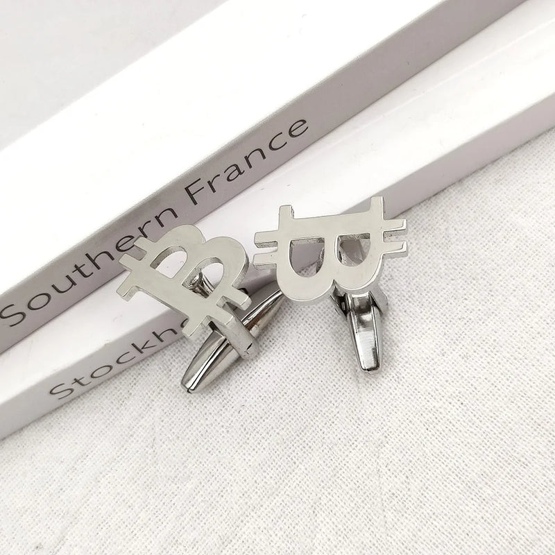 Silver Bitcoin Cufflinks for Men Stainless Steel Shirt Charm Cuff Links