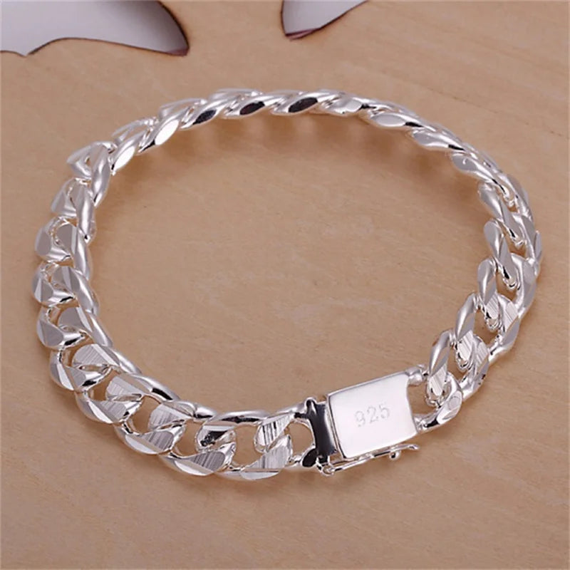 Luxury S925 Sterling Silver Bracelet Men's Jewelry Gift 10MM Square Gem