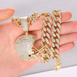 Hip Hop Iced Out Rugby Football Helmet Pendant Necklace 13MM Cuban Link Chain