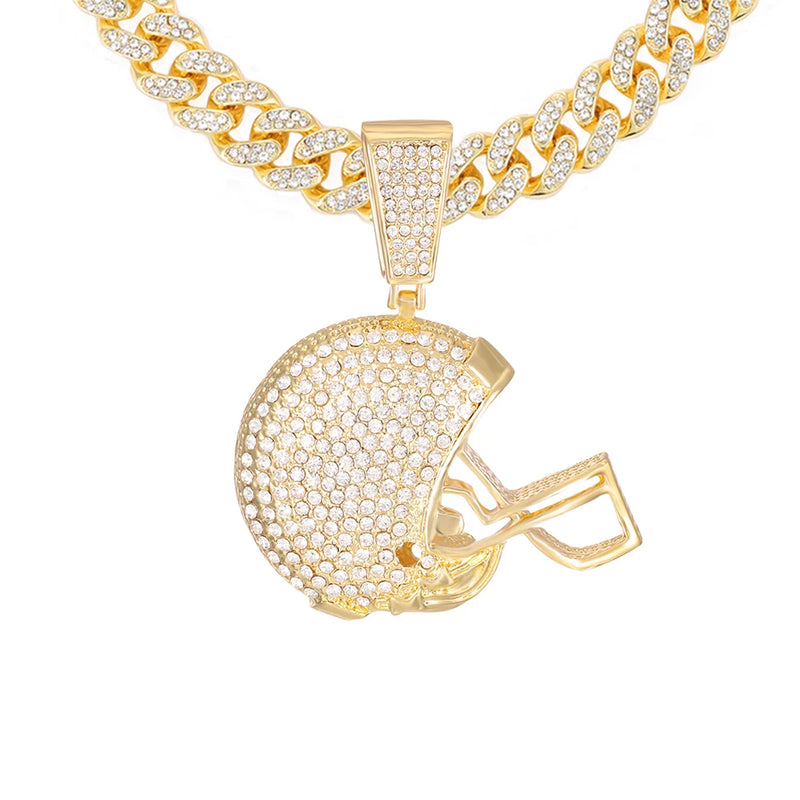 Hip Hop Iced Out Rugby Football Helmet Pendant Necklace 13MM Cuban Link Chain