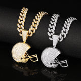Hip Hop Iced Out Rugby Football Helmet Pendant Necklace 13MM Cuban Link Chain