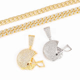 Hip Hop Iced Out Rugby Football Helmet Pendant Necklace 13MM Cuban Link Chain