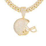 Hip Hop Iced Out Rugby Football Helmet Pendant Necklace 13MM Cuban Link Chain