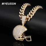 Hip Hop Iced Out Rugby Football Helmet Pendant Necklace 13MM Cuban Link Chain