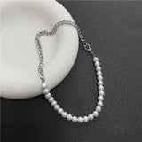 Cuban Chain Necklace Pearl Beaded Punk Style Jewelry