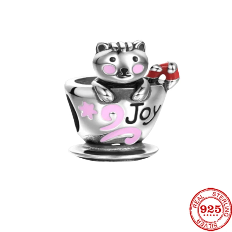 925 Silver Cat Cup Heartbeat Bear Charms Beads