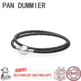 925 Silver Pink Leather Women's Sliding Bracelet for DIY Charm Jewelry