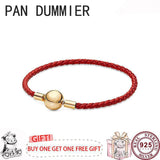 925 Silver Pink Leather Women's Sliding Bracelet for DIY Charm Jewelry