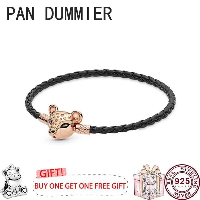 925 Silver Pink Leather Women's Sliding Bracelet for DIY Charm Jewelry