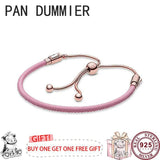 925 Silver Pink Leather Women's Sliding Bracelet for DIY Charm Jewelry