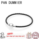 925 Silver Pink Leather Women's Sliding Bracelet for DIY Charm Jewelry