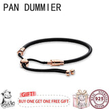 925 Silver Pink Leather Women's Sliding Bracelet for DIY Charm Jewelry