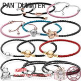 925 Silver Pink Leather Women's Sliding Bracelet for DIY Charm Jewelry