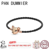 925 Silver Pink Leather Women's Sliding Bracelet for DIY Charm Jewelry
