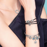 925 Silver Woven Leather Rope Pink Women's Bracelet