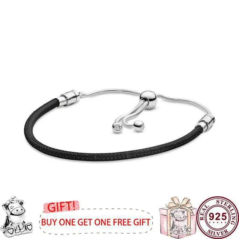 925 Silver Woven Leather Rope Pink Women's Bracelet