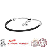 925 Silver Woven Leather Rope Pink Women's Bracelet