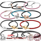925 Silver Woven Leather Rope Pink Women's Bracelet