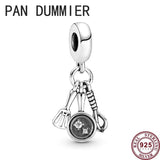 925 Silver Feather Shopping Bag Dumbbell Matte Beads Bracelet Charm