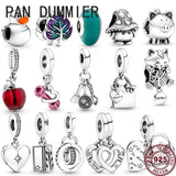 925 Silver Feather Shopping Bag Dumbbell Matte Beads Bracelet Charm