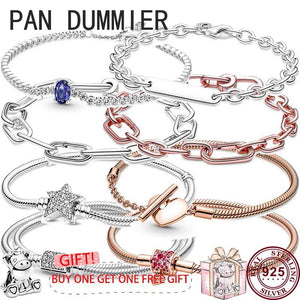 925 Silver Sparkling Star Heart Bracelet Women's DIY Charm Jewelry