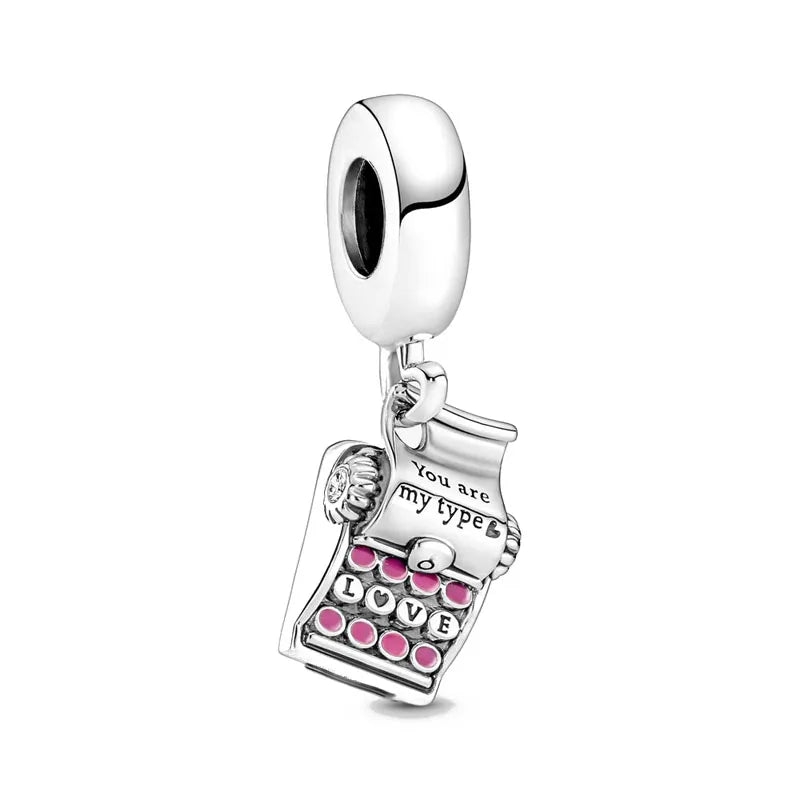 925 Silver Pink Charm Typewriter Roller Skates Pendant Bracelet Women Jewelry