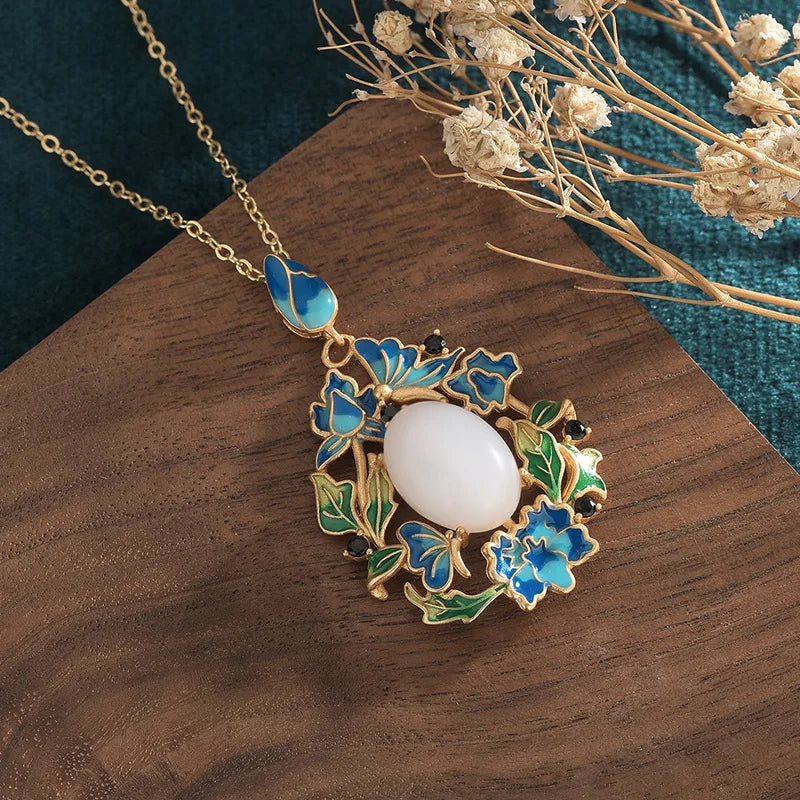 Ancient Style Butterfly Mosaic Oval Hotian Jade Pendant Vintage Necklace
