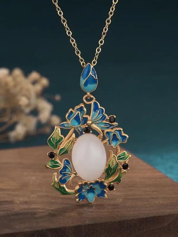 Ancient Style Butterfly Mosaic Oval Hotian Jade Pendant Vintage Necklace