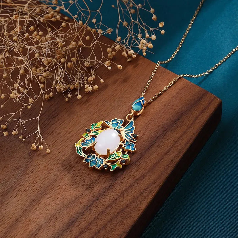 Ancient Style Butterfly Mosaic Oval Hotian Jade Pendant Vintage Necklace