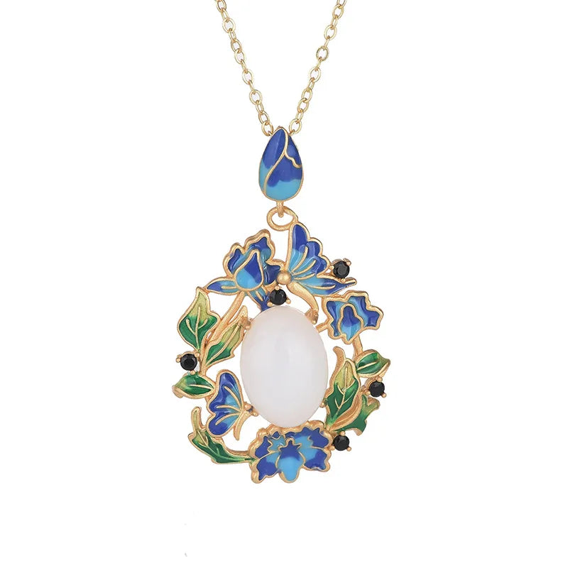 Ancient Style Butterfly Mosaic Oval Hotian Jade Pendant Vintage Necklace