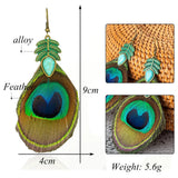 Green Leaf Tassel Earrings Nature Stone Long Peacock Feather Women Brincos