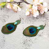 Green Leaf Tassel Earrings Nature Stone Long Peacock Feather Women Brincos