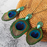 Green Leaf Tassel Earrings Nature Stone Long Peacock Feather Women Brincos