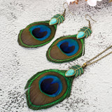 Green Leaf Tassel Earrings Nature Stone Long Peacock Feather Women Brincos