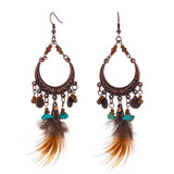 Green Leaf Tassel Earrings Nature Stone Long Peacock Feather Women Brincos
