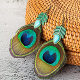 Green Leaf Tassel Earrings Nature Stone Long Peacock Feather Women Brincos