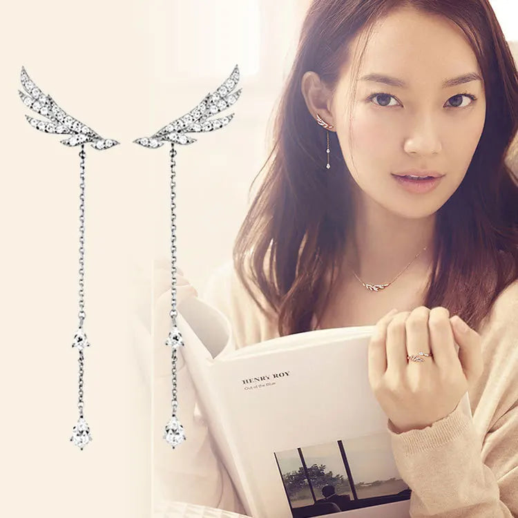 925 Silver Angel Wing Crystal Earrings for Women Girls Gift