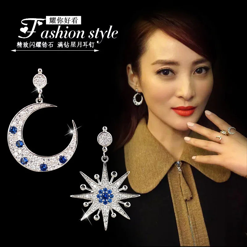 925 Silver Crystal Star Moon Earrings Women Girls Gift Jewelry