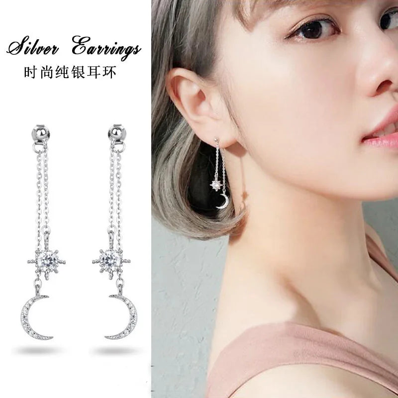 925 Silver Crystal Moon Earrings Women Girls Gift Jewelry